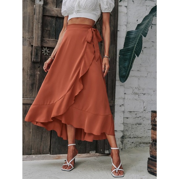 Solid minimalist Wrap Hem Tie Side high low midi skirt - Picture 9 of 11